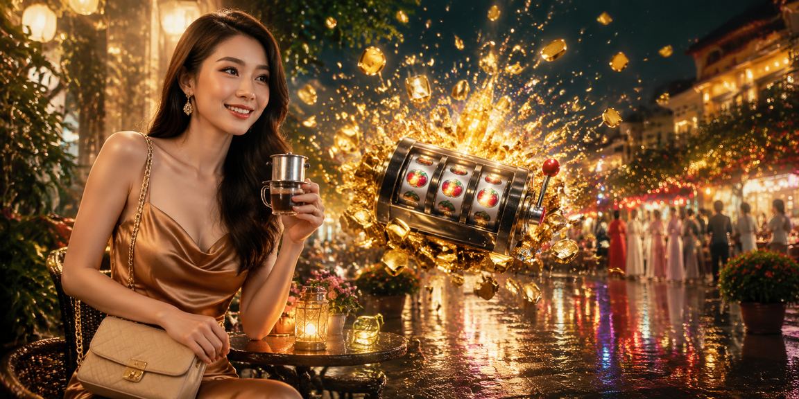 Người chơi slots tại quán cà phê Đà Lạt với giao diện game phong cảnh Việt Nam.